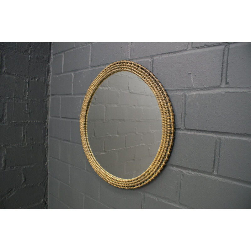 Vintage round wicker wall mirror, Denmark 1960