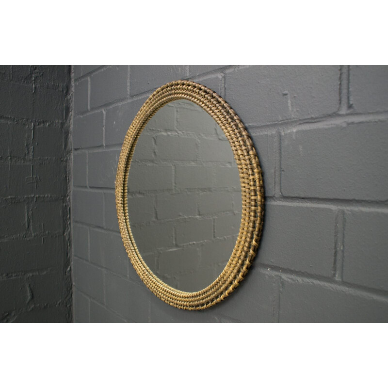 Vintage round wicker wall mirror, Denmark 1960