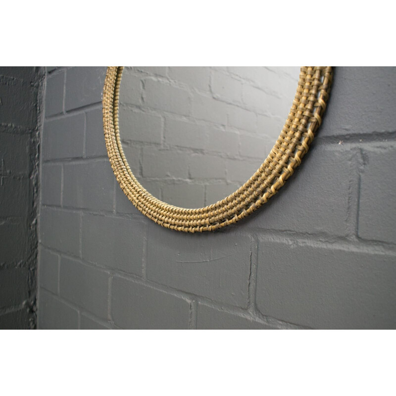 Vintage round wicker wall mirror, Denmark 1960