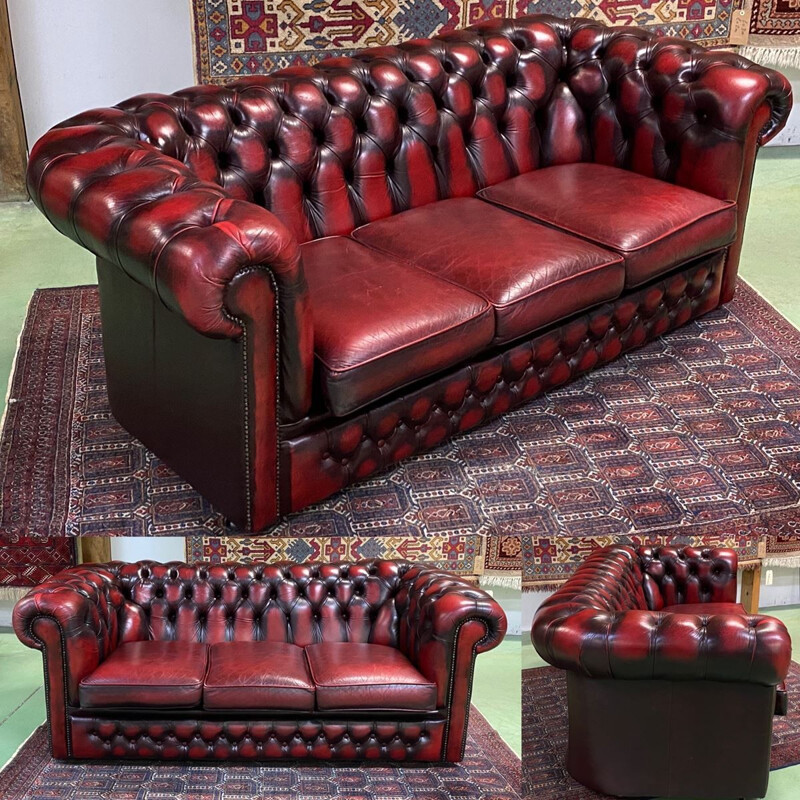 Canapé vintage Chesterfield en cuir rouge 3 places 1980