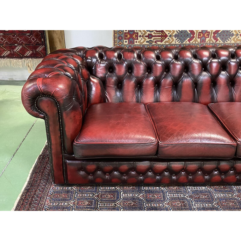 Vintage red leather Chesterfield sofa 3 seats 1980