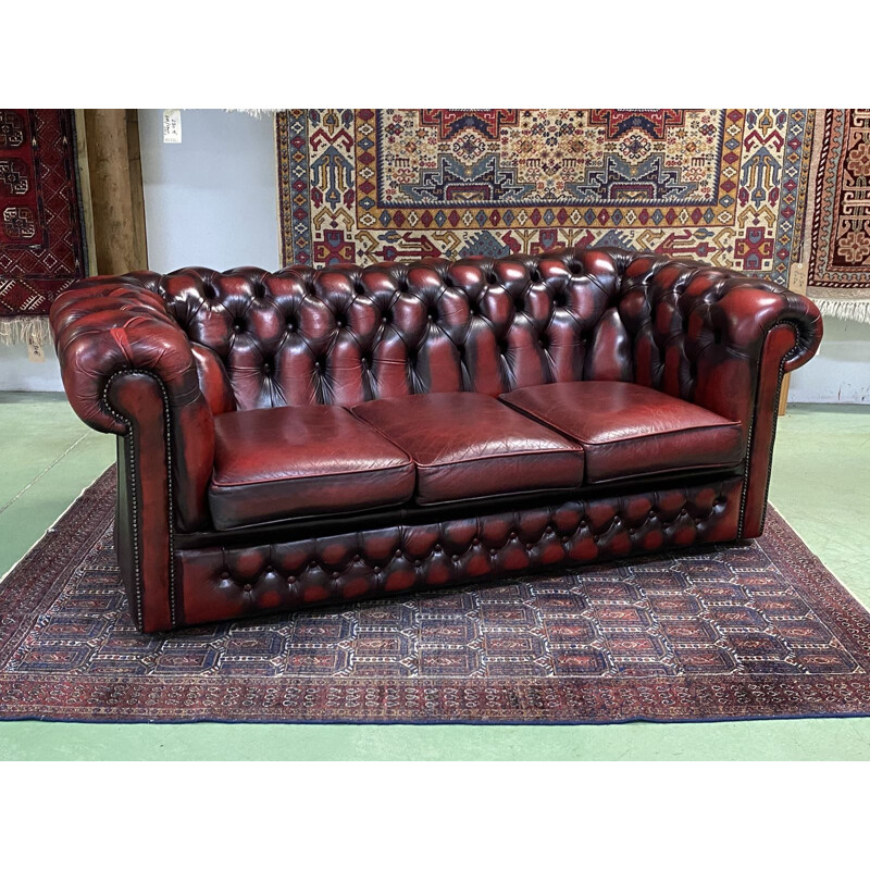 Vintage red leather Chesterfield sofa 3 seats 1980