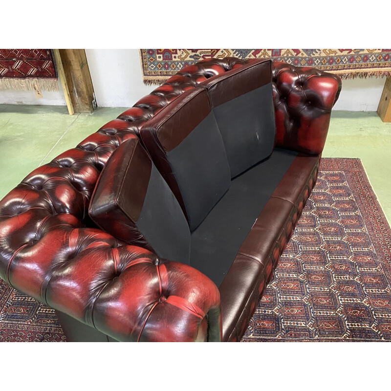 Vintage red leather Chesterfield sofa 3 seats 1980