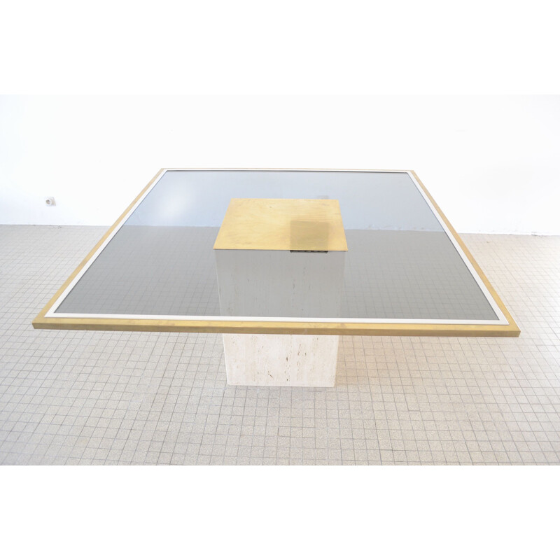 Vintage Etched brass, smoked glass and travetine dining table by Roger Vanhevel