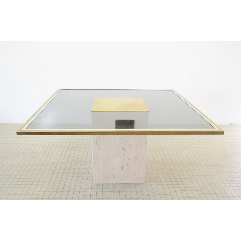 Vintage Etched brass, smoked glass and travetine dining table by Roger Vanhevel