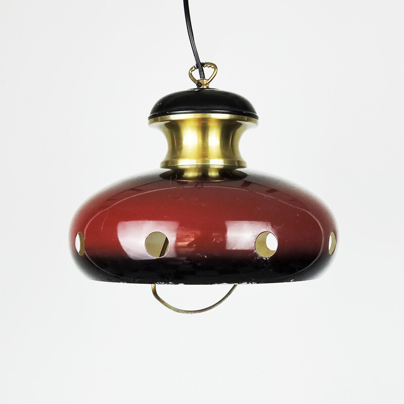 Pareja de lámparas colgantes vintage rojas y doradas de la era espacial de los años 60