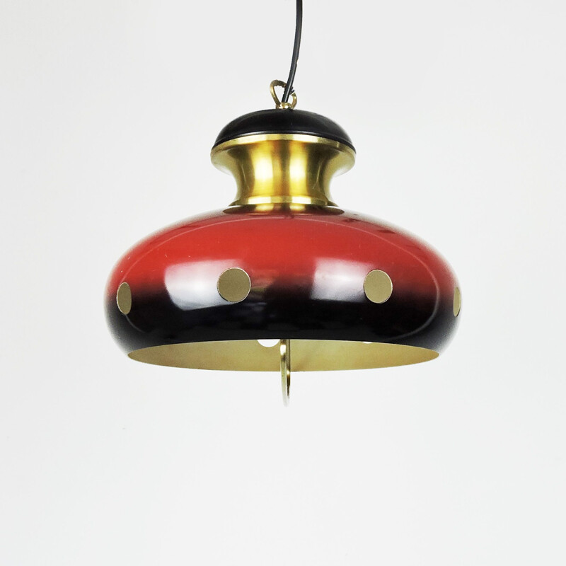 Pair of Vintage Red and Gold Space Age Pendant Lamps, 1960s