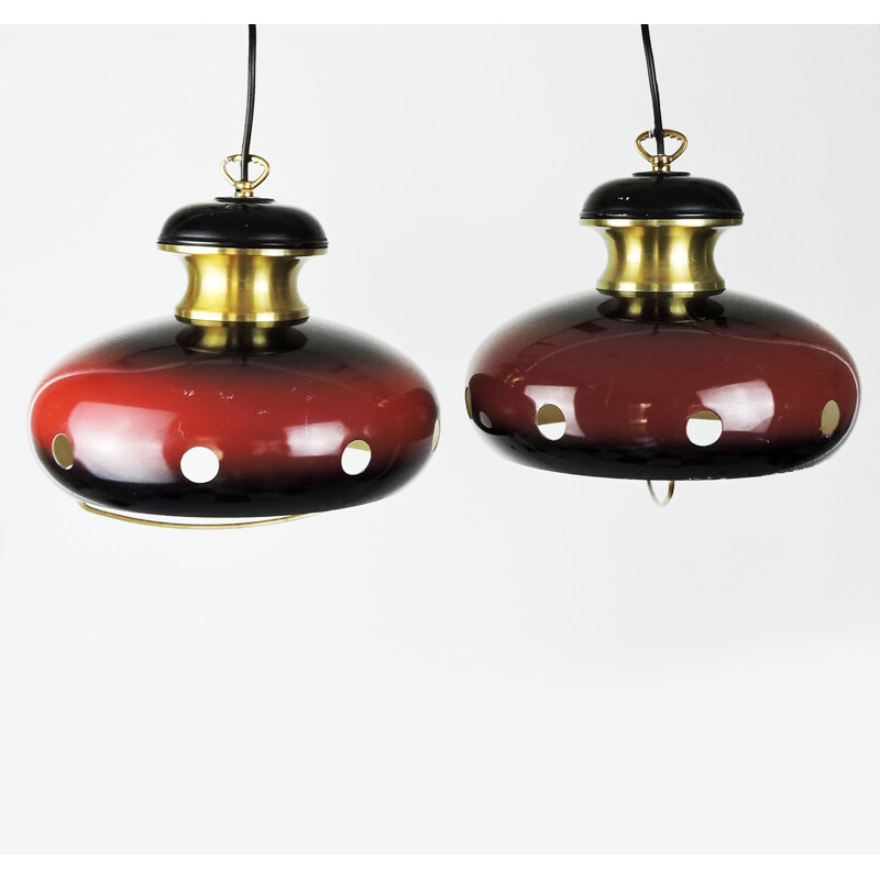 Pair of Vintage Red and Gold Space Age Pendant Lamps, 1960s