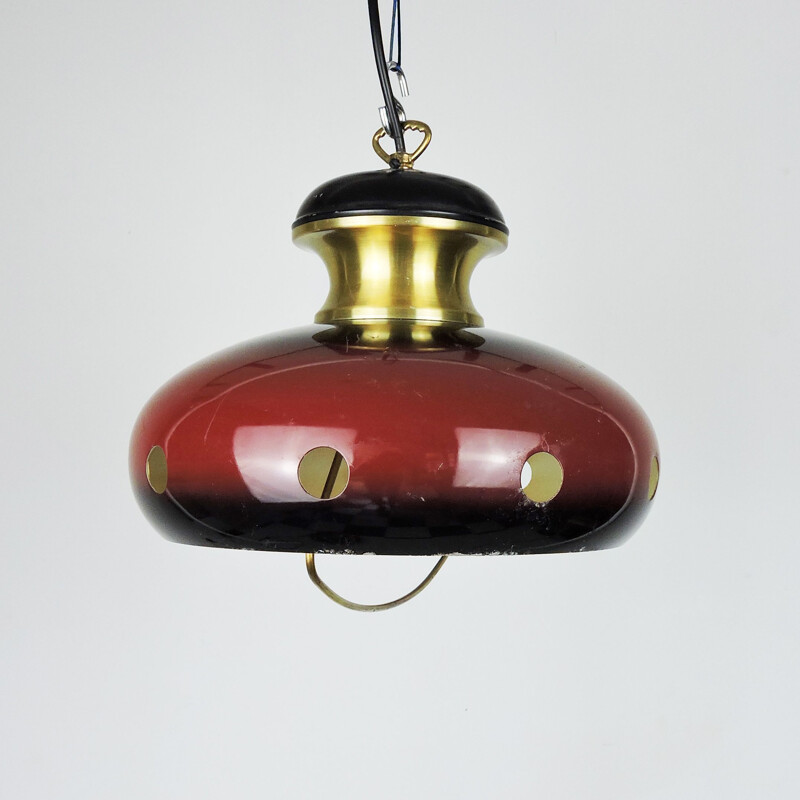 Coppia di lampade a sospensione vintage rosse e dorate dell'era spaziale degli anni '60