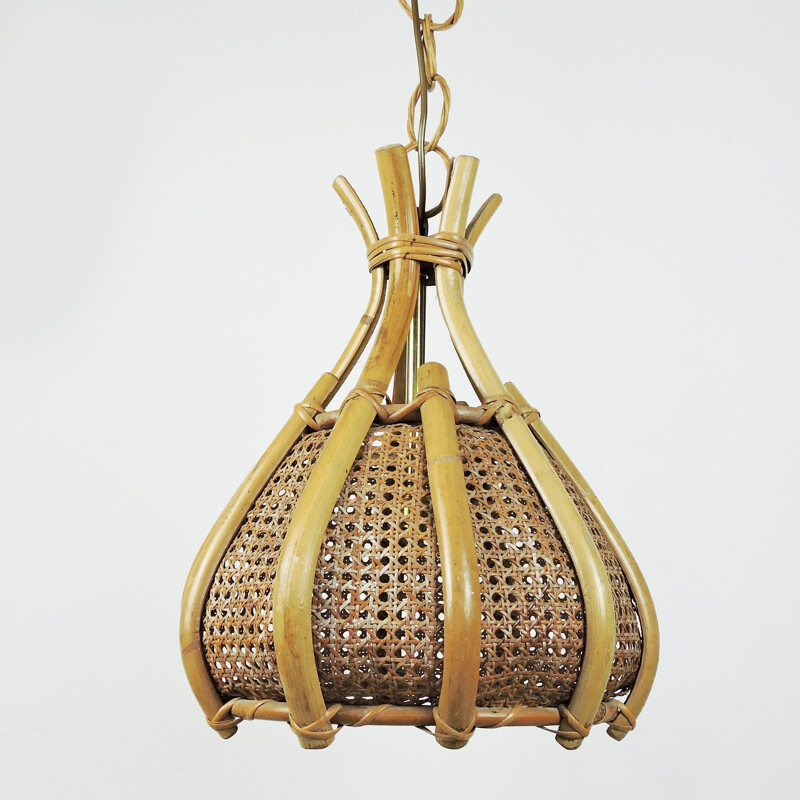 Vintage Cane and Wood Ceiling Light, 1970s