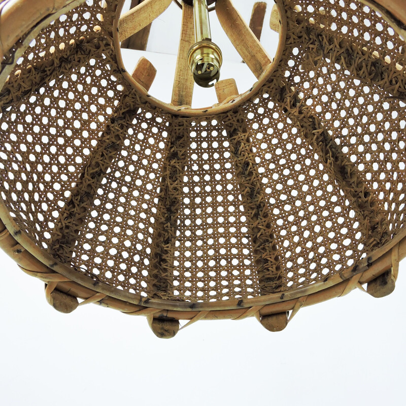 Vintage Cane and Wood Ceiling Light, 1970s