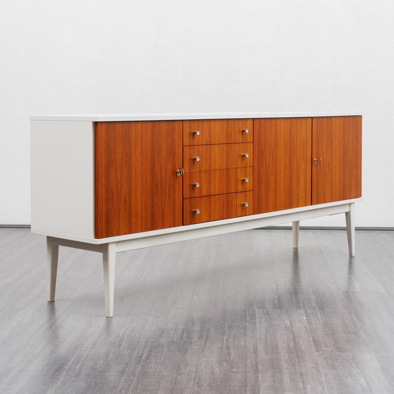 Vintage white lacquered sideboard, teak fronts 1970s