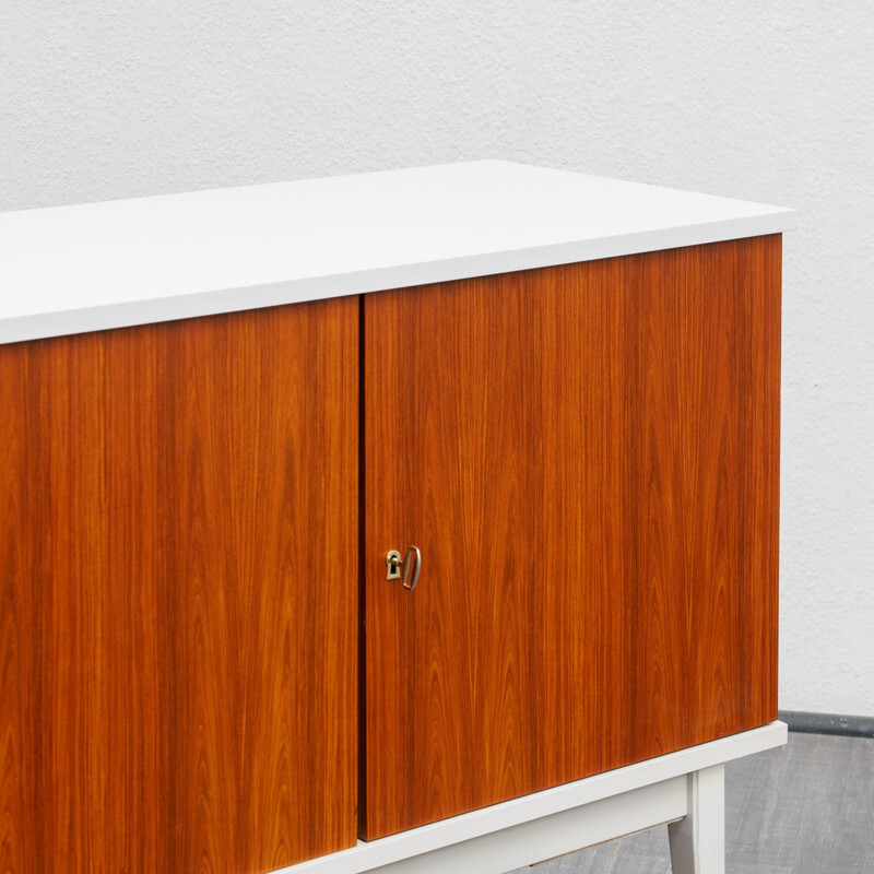 Vintage white lacquered sideboard, teak fronts 1970s