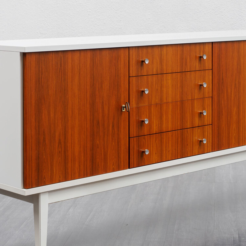 Vintage white lacquered sideboard, teak fronts 1970s