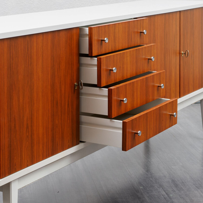 Vintage white lacquered sideboard, teak fronts 1970s