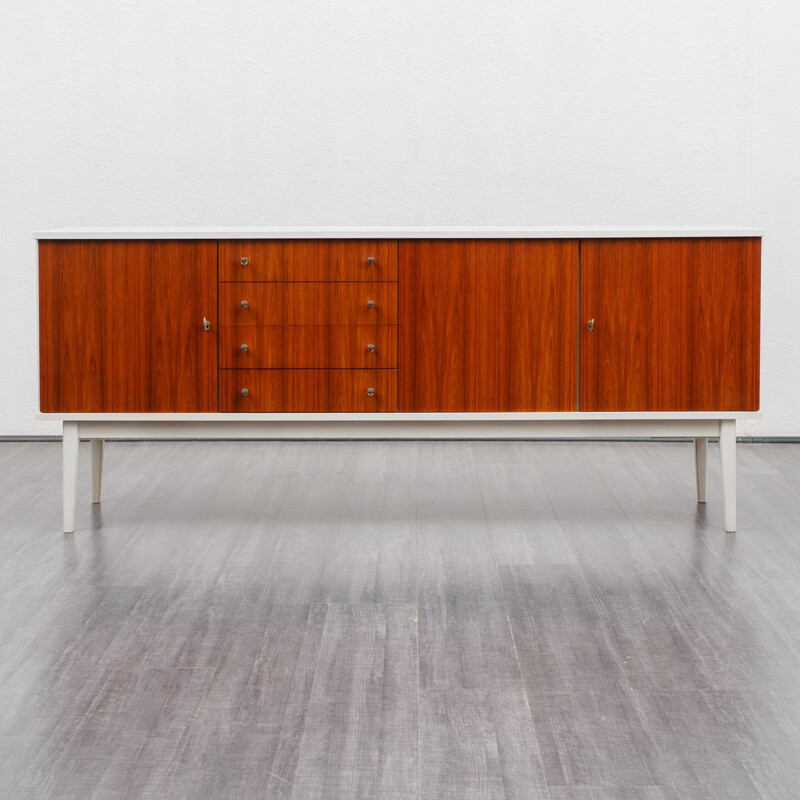 Vintage white lacquered sideboard, teak fronts 1970s