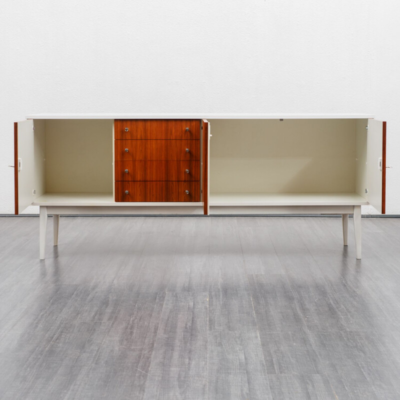 Vintage white lacquered sideboard, teak fronts 1970s