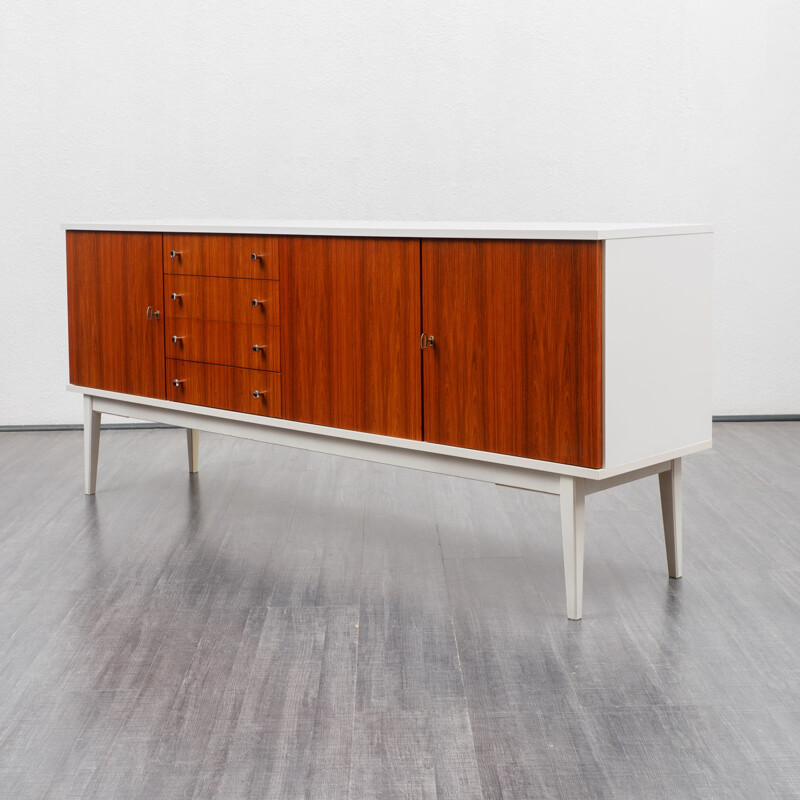 Vintage white lacquered sideboard, teak fronts 1970s