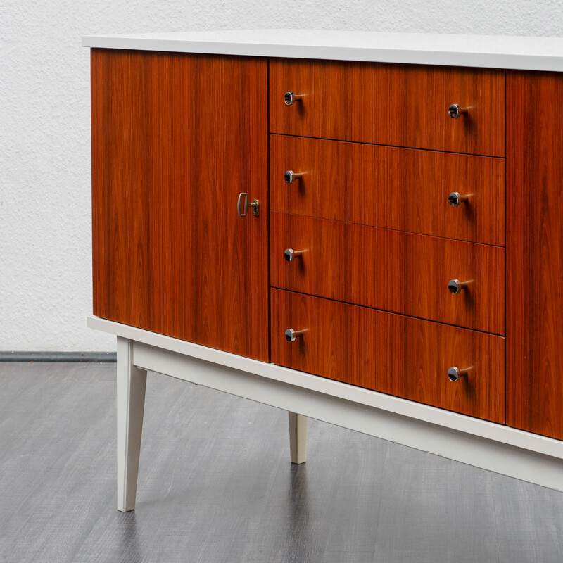 Vintage white lacquered sideboard, teak fronts 1970s