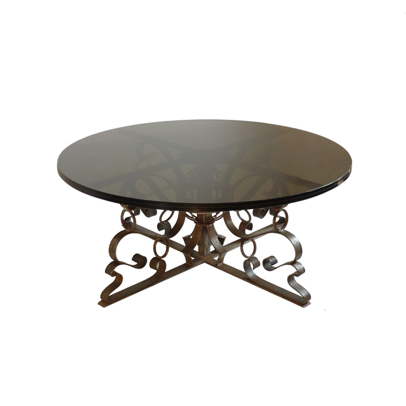 Vintage coffee table in forged steel and smoked glass, 1960