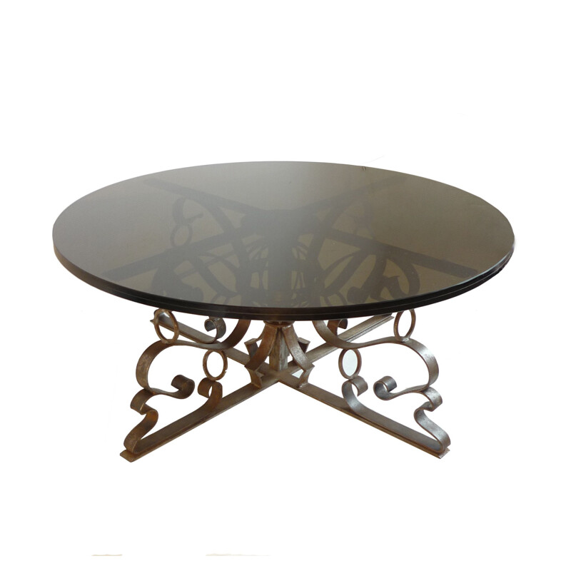 Vintage coffee table in forged steel and smoked glass, 1960