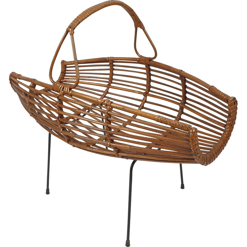 Vintage Wicker Rattan Magazine Rack Italian 1950s