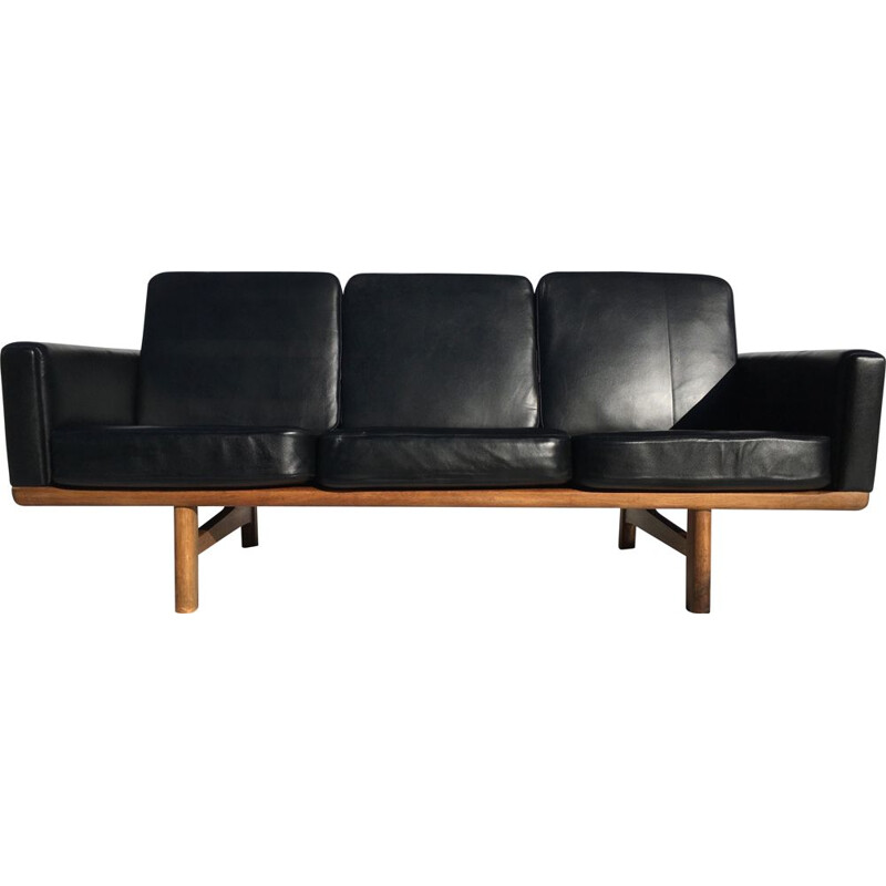 Vintage black sofa H.J Wegner Getama 2363 in oak and leather 3 seats