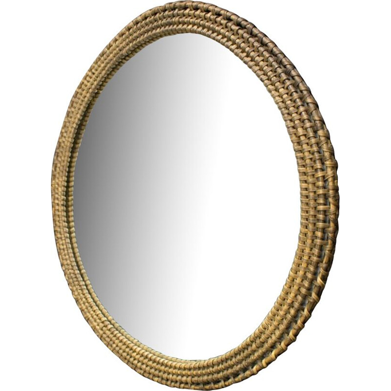 Vintage round wicker wall mirror, Denmark 1960