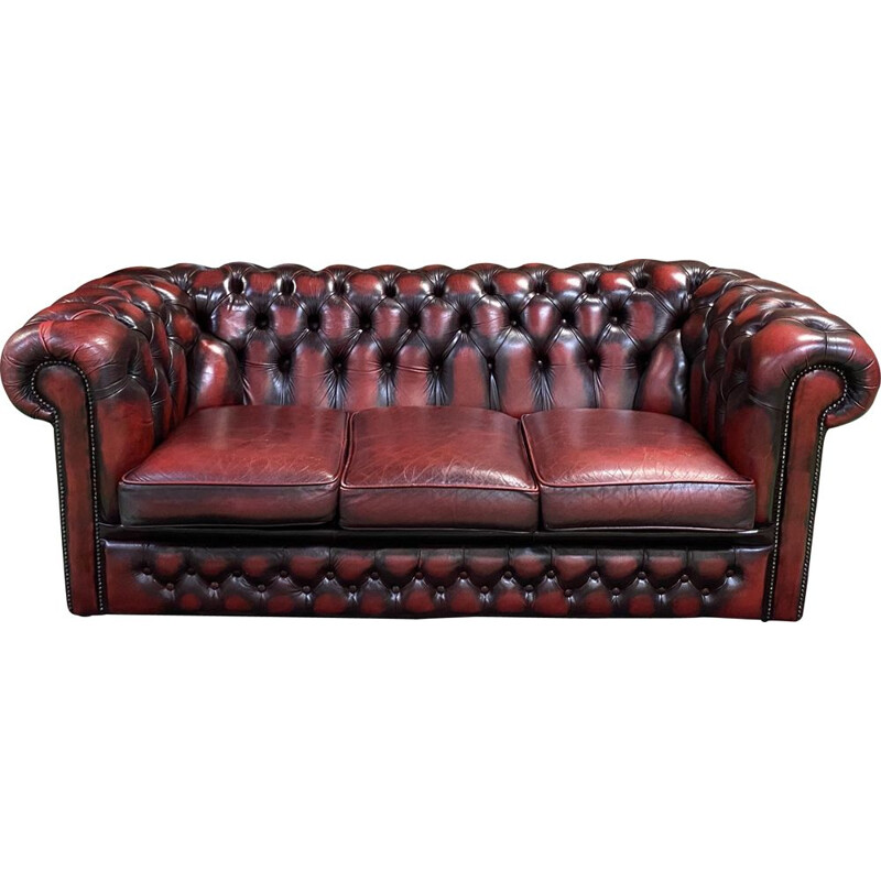 Vintage red leather Chesterfield sofa 3 seats 1980