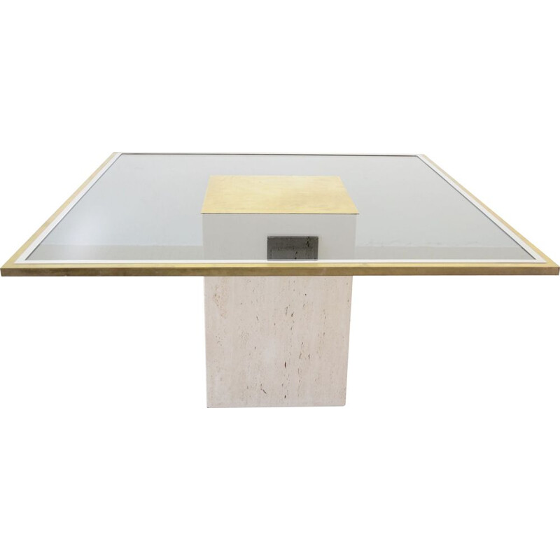 Vintage Etched brass, smoked glass and travetine dining table by Roger Vanhevel