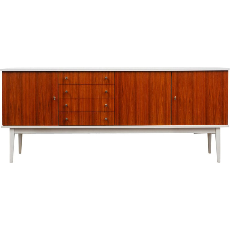 Vintage white lacquered sideboard, teak fronts 1970s