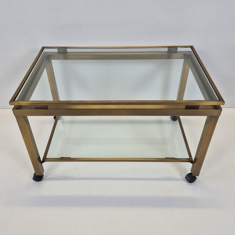 Vintage brass & glass 2-tiers mobile side table trolley, French 1970s