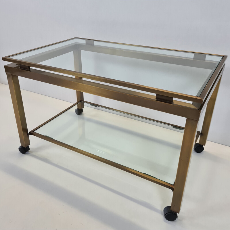 Vintage brass & glass 2-tiers mobile side table trolley, French 1970s