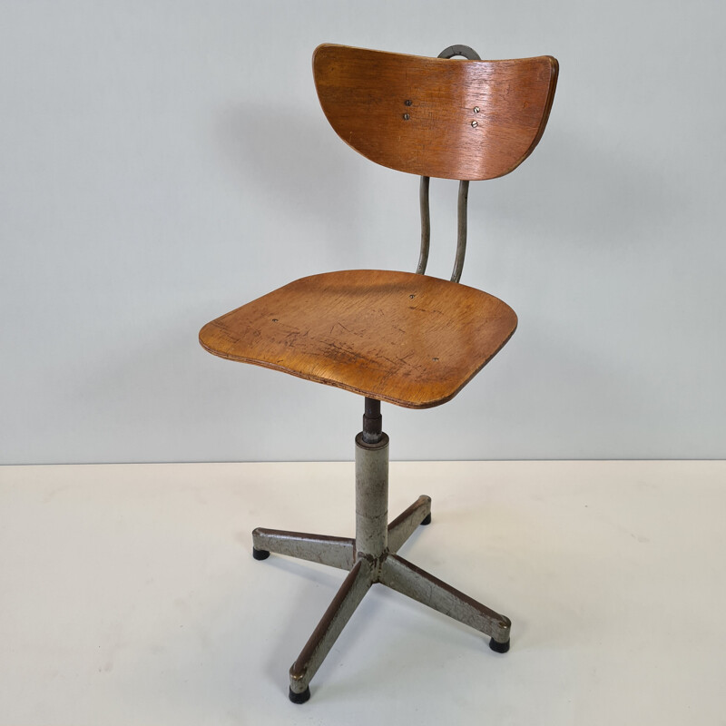 Mid-century industrial adjustable swivel drafting table chair, 1950s