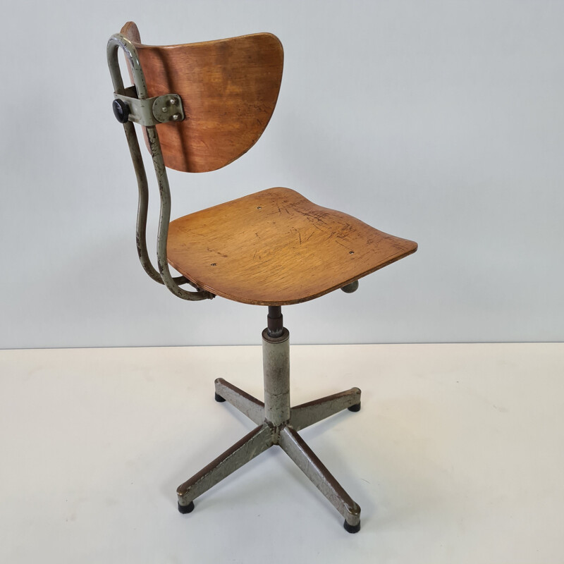 Mid-century industrial adjustable swivel drafting table chair, 1950s