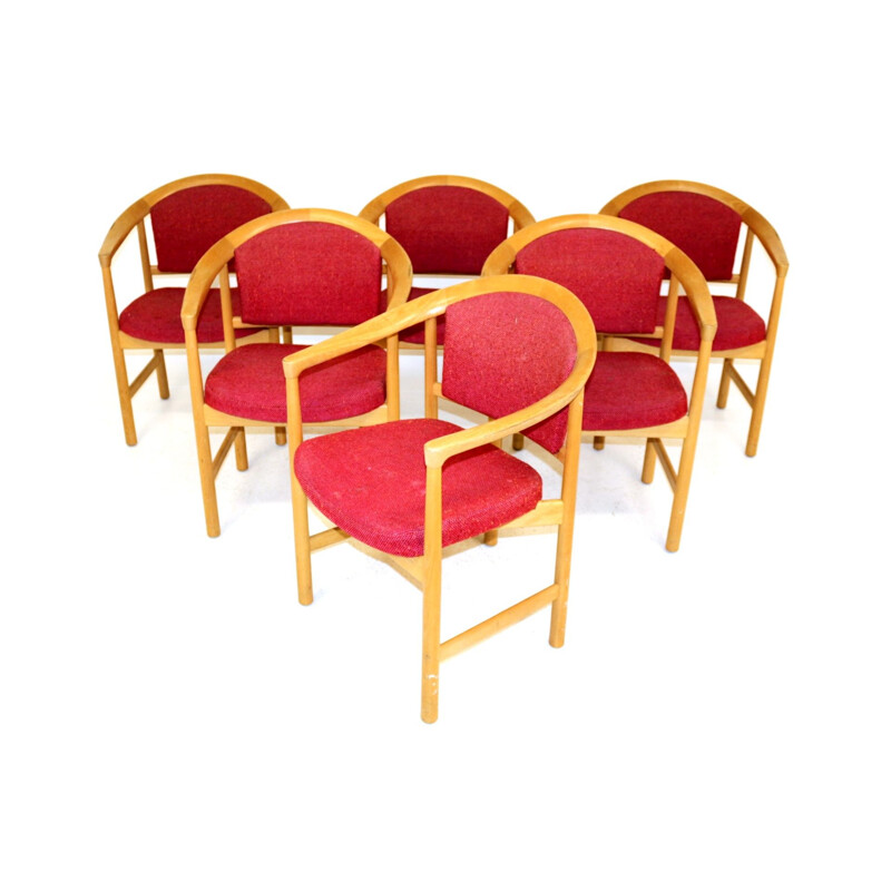 Set of 6 vintage beechwood armchairs, 1970