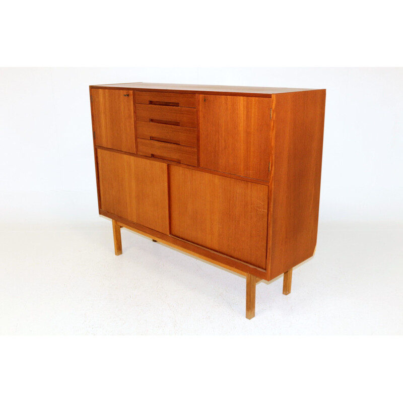 Vintage teak wood secretary, suede, 1960