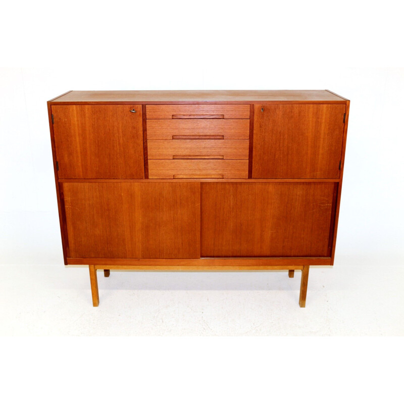 Vintage teak wood secretary, suede, 1960