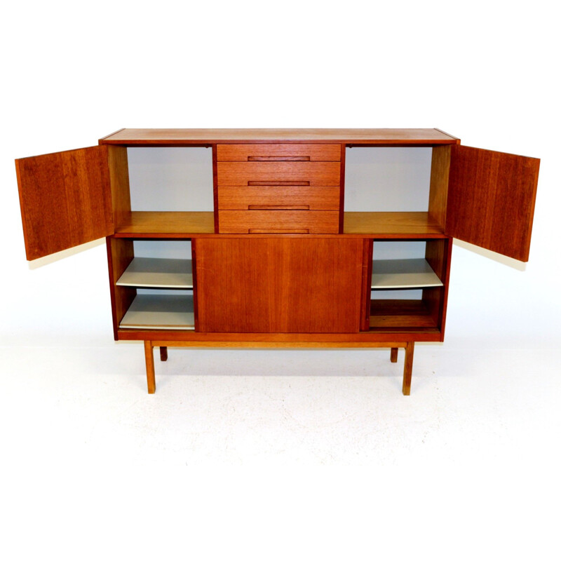 Vintage teak wood secretary, suede, 1960