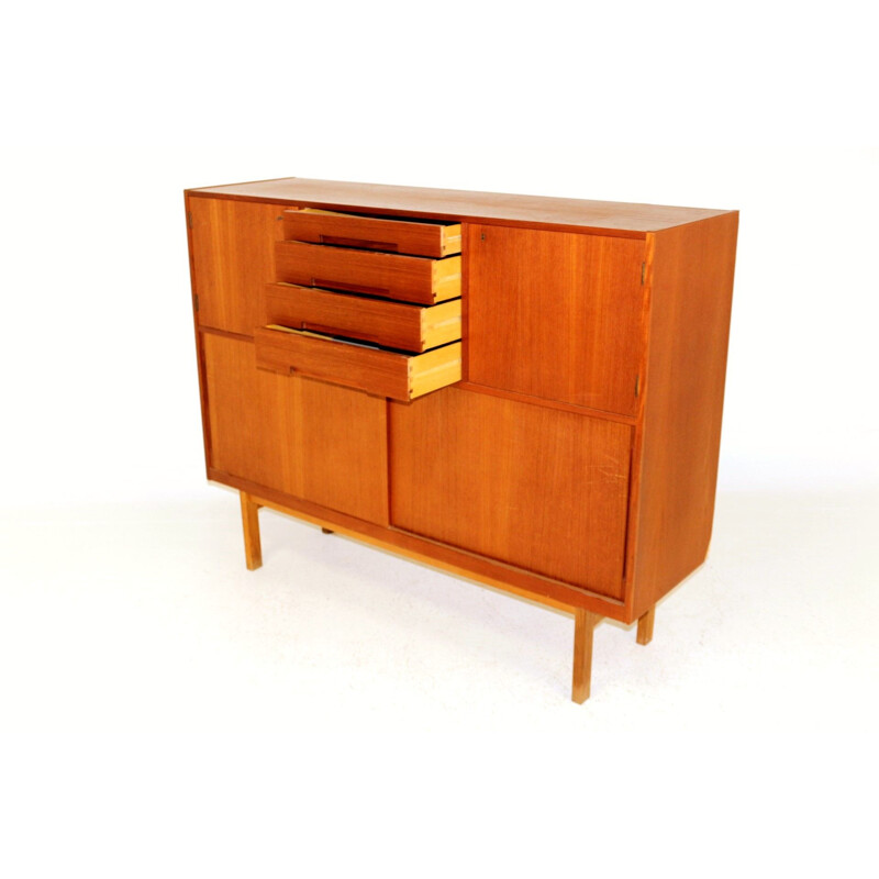 Vintage teak wood secretary, suede, 1960