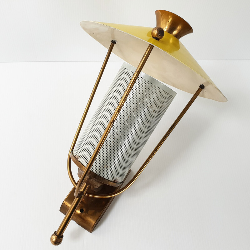 Vintage white lacquered metal and brass wall lamp 1950's