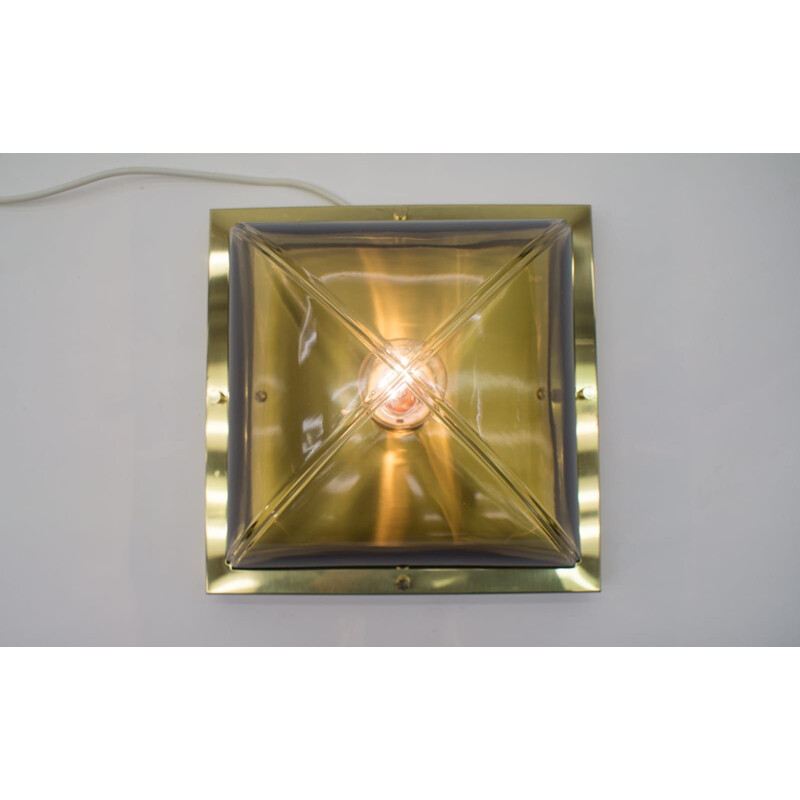 Vintage smoked glass lamp with brass hunting frame from Limburg, 1960