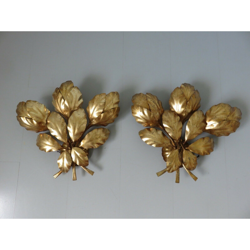 Paire d’appliques vintages triples " Gold Leaf " 1970 