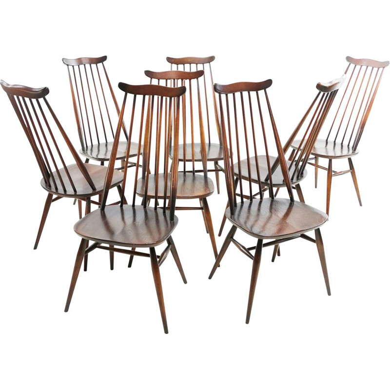 Set Of 8 Vintage Ercol Elm & Beech Goldsmith Dining Chairs