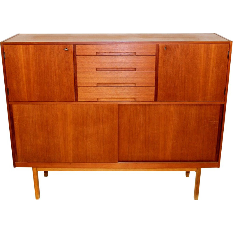 Vintage teak wood secretary, suede, 1960