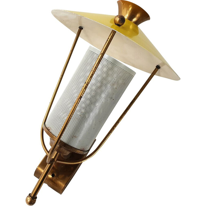Vintage white lacquered metal and brass wall lamp 1950's