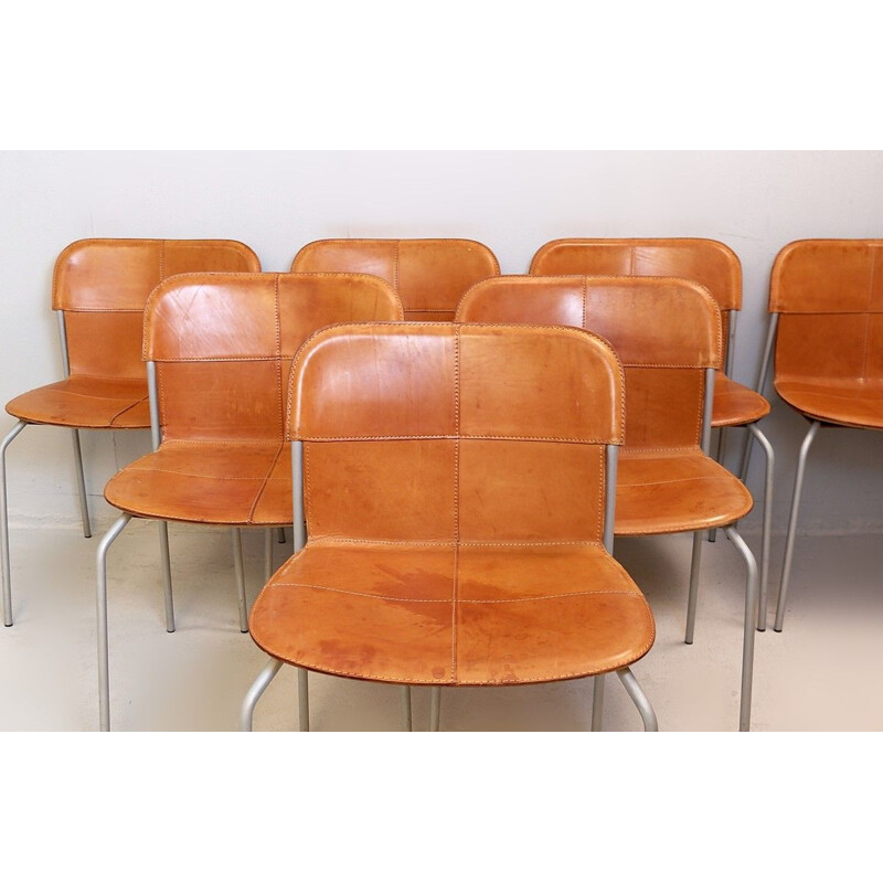 Suite of 7 Vintage Chairs in Metal And Leather Cognac Fasem Italy