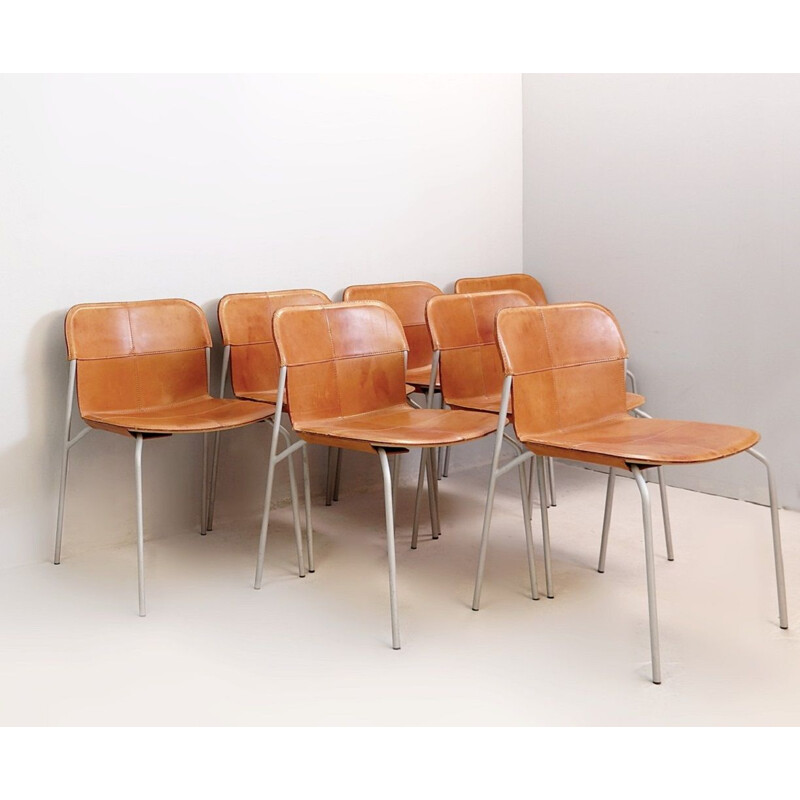 Suite of 7 Vintage Chairs in Metal And Leather Cognac Fasem Italy