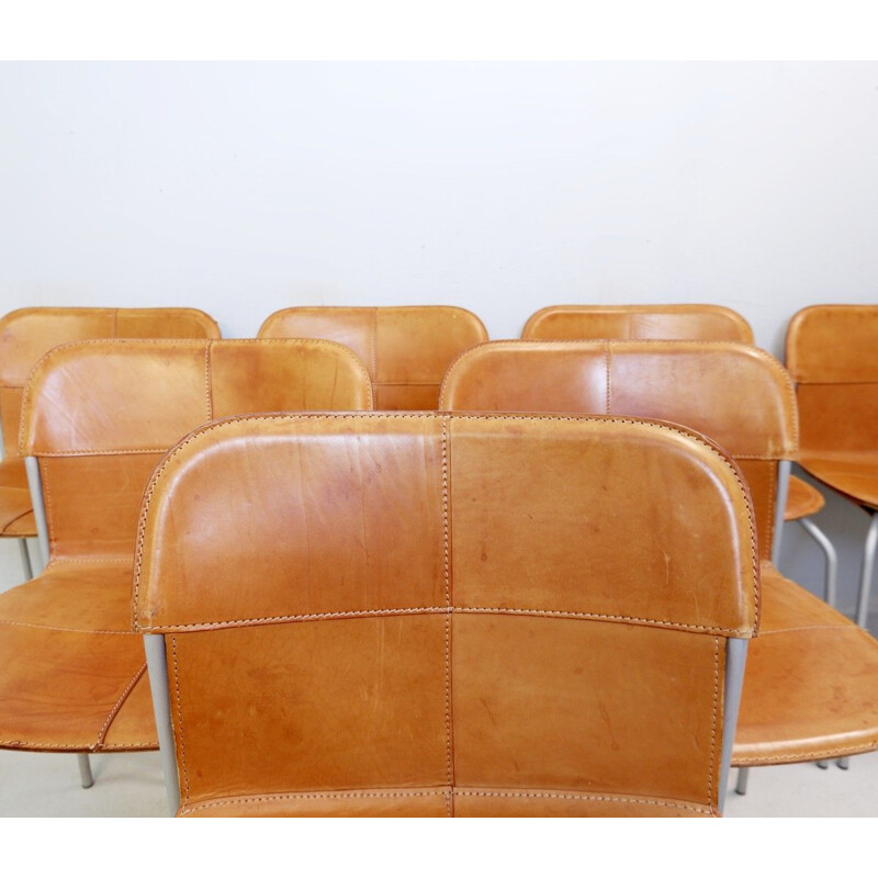 Suite of 7 Vintage Chairs in Metal And Leather Cognac Fasem Italy