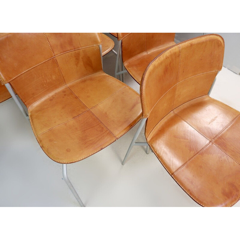 Suite of 7 Vintage Chairs in Metal And Leather Cognac Fasem Italy